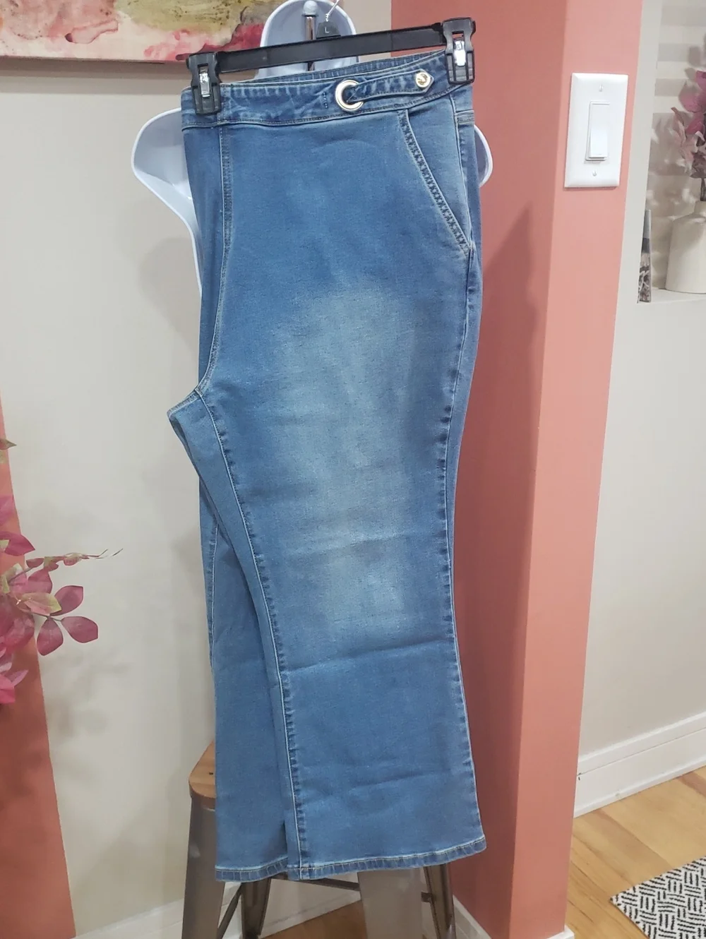 Michael Kors Light Blue Stretch Denim Boot Cut Jeans with Grommet Detail, 20W